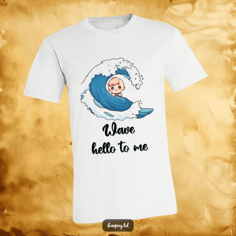 Funny T-Shirt featuring a tiny character peeking from behind a big crashing wave with eyes full of curious excitement and wonder.