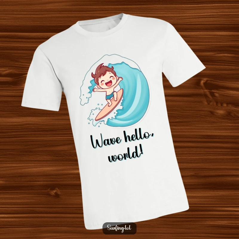 Funny Surfing Character T-Shirt: A cute character gleefully riding a huge wave with an enormous smile, perfect funny gift.
