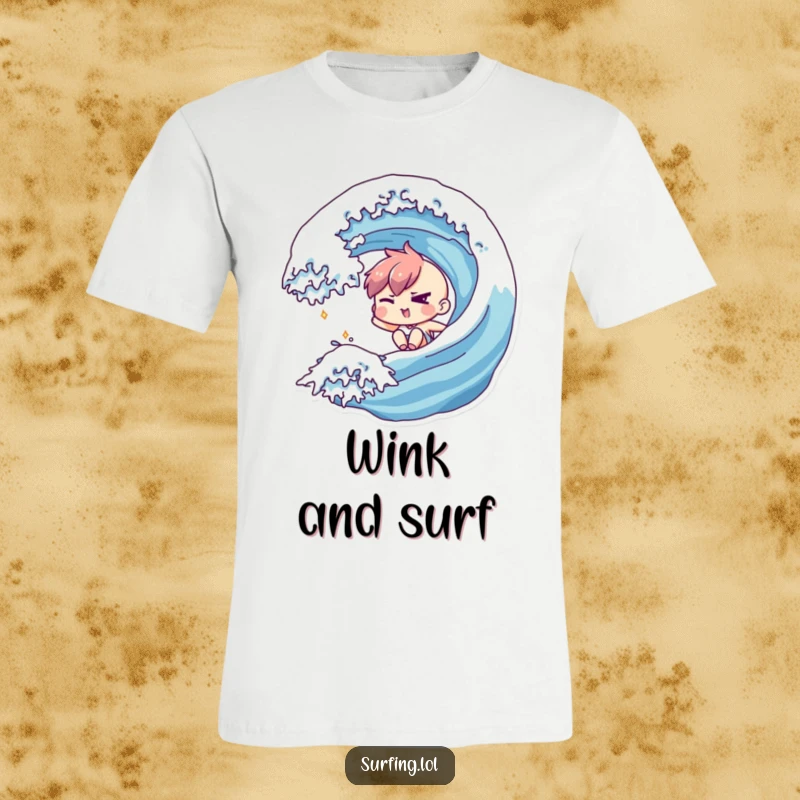 Funny T-Shirt of a character winking mischievously while effortlessly sliding down a stylish ocean wave.