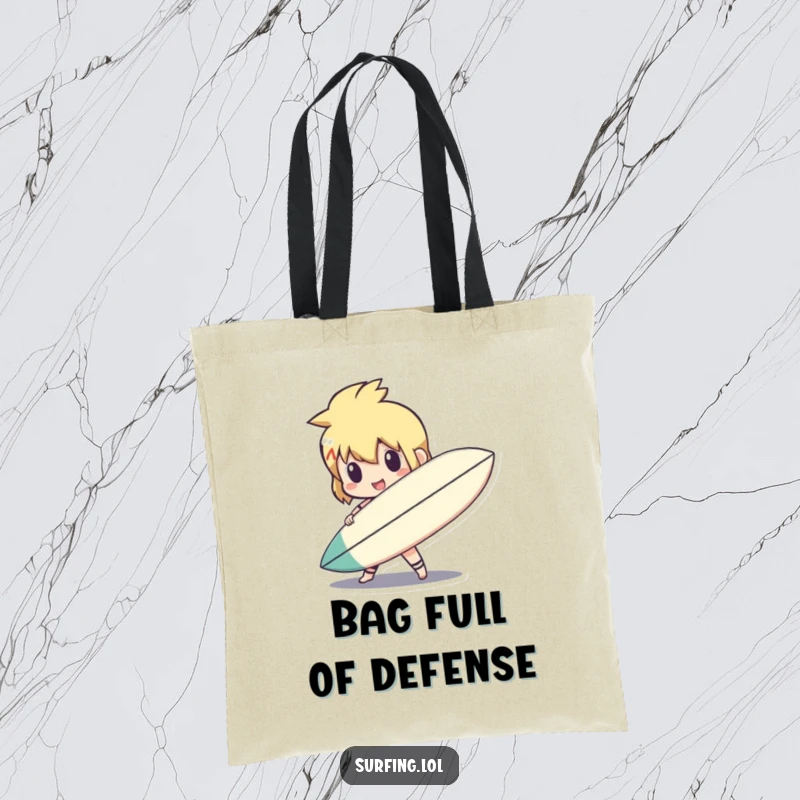 Funny cute character holding a surfboard like a shield on a tote bag, ready for action, a great funny gift.