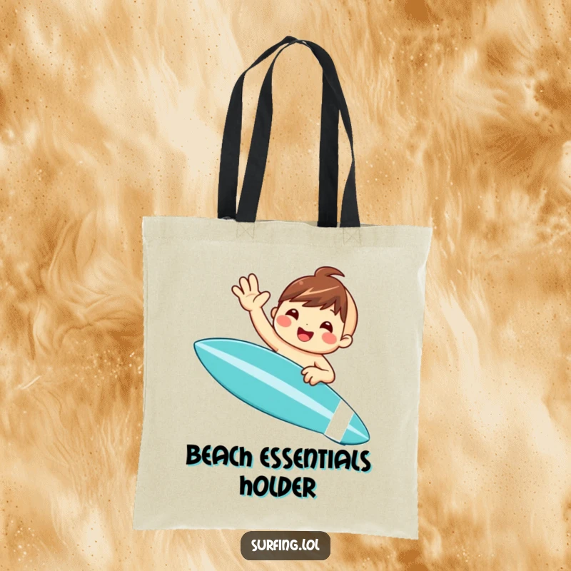 Funny tote bag showcasing a cute, smiling character waving from a surfboard, perfect for beach outings and carrying daily essentials with humor.