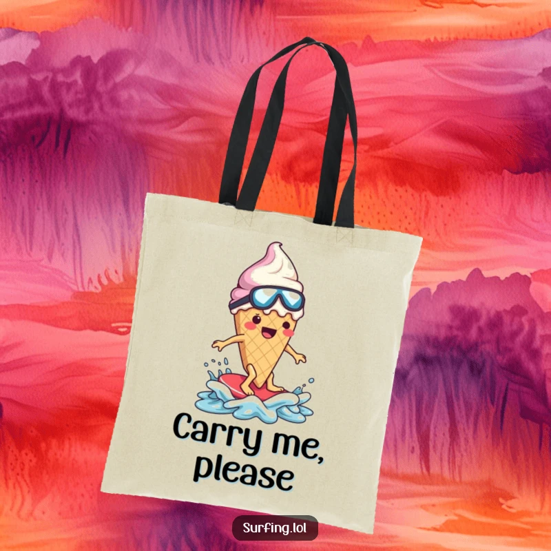 Funny ice cream cone character, melting, surfing dramatically, comical tote bag design, humorous.
