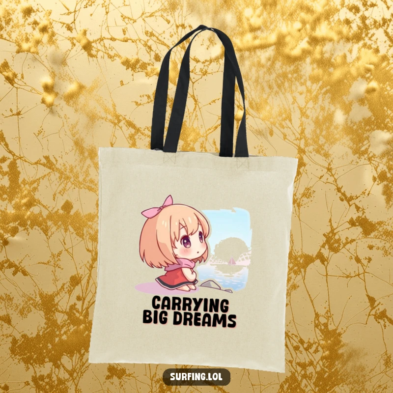 Funny tote bag with a character looking at a distant shore with hope, perfect for carrying essentials and aspirations.