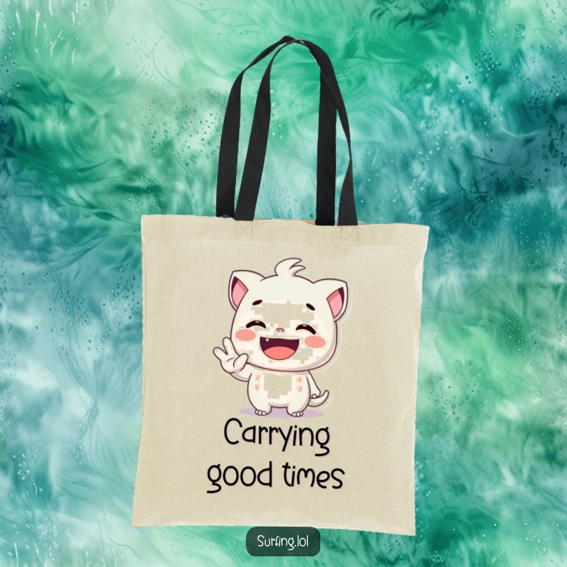 Funny tote bag showing a character with a huge grin giving the shaka sign, symbolizing happiness and the aloha spirit.