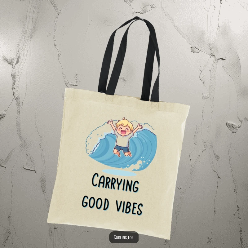 Funny tote bag capturing a character's ecstatic leap while catching a wave, showcasing a moment of pure triumph and surfing bliss.