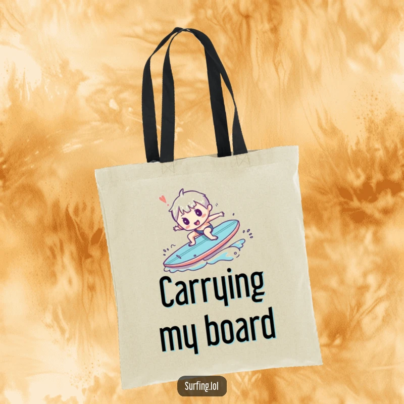 Funny tote bag with a small character comically falling off a surfboard, a humorous illustration of a beach day gone wrong.