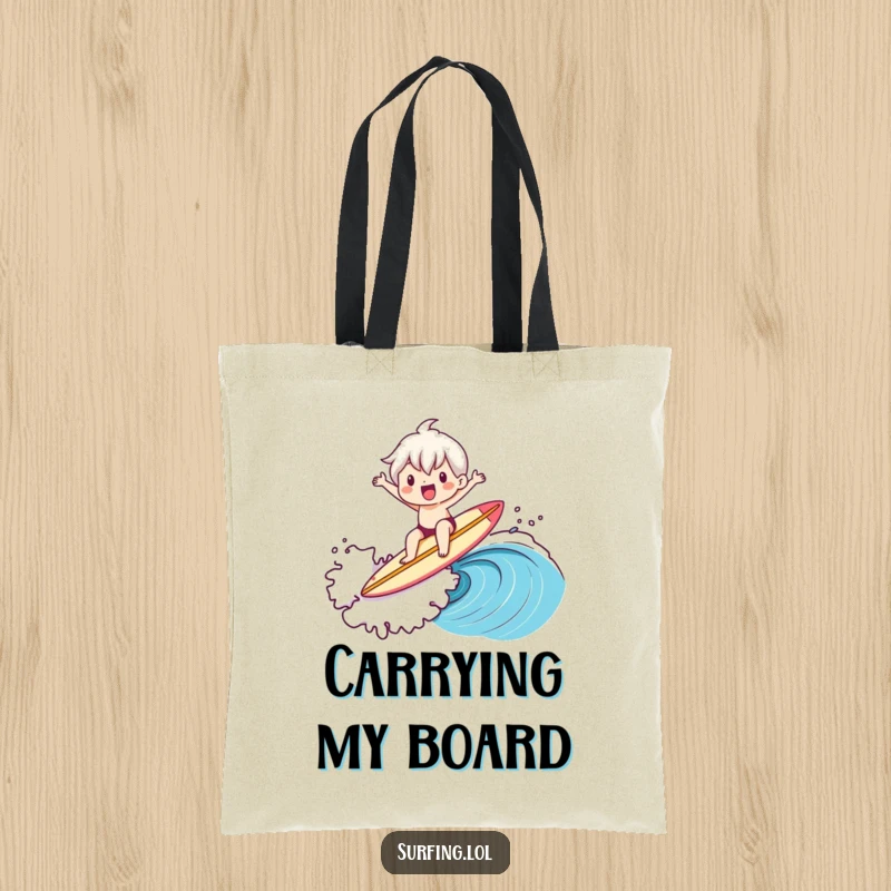Funny tote bag depicting a cute character enthusiastically riding a large ocean wave while keeping steady on a surfboard.