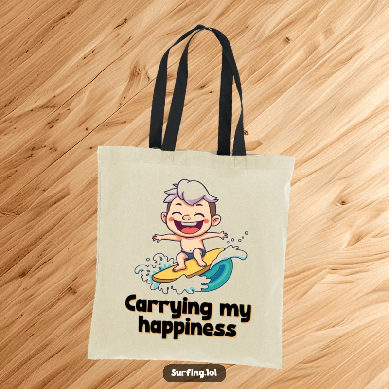 Funny tote bag illustrating a joyful character surfing a wave with an exaggerated grin, perfect for carrying essentials with a smile.