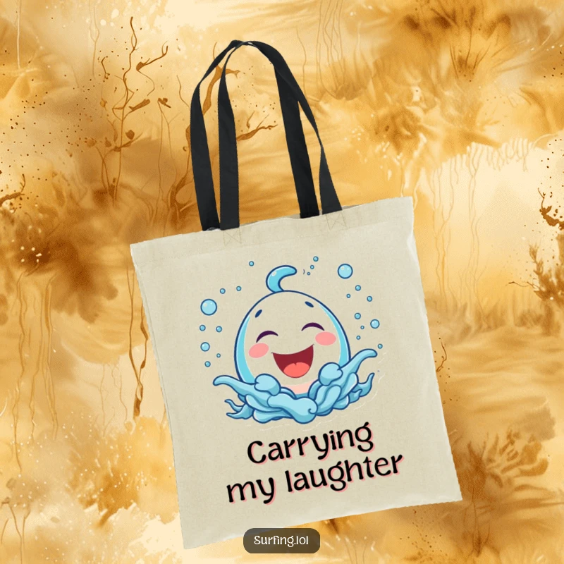 Funny tote bag with a bubbly icon laughing surrounded by playful sea spray, perfect for carrying essentials with funny flair.