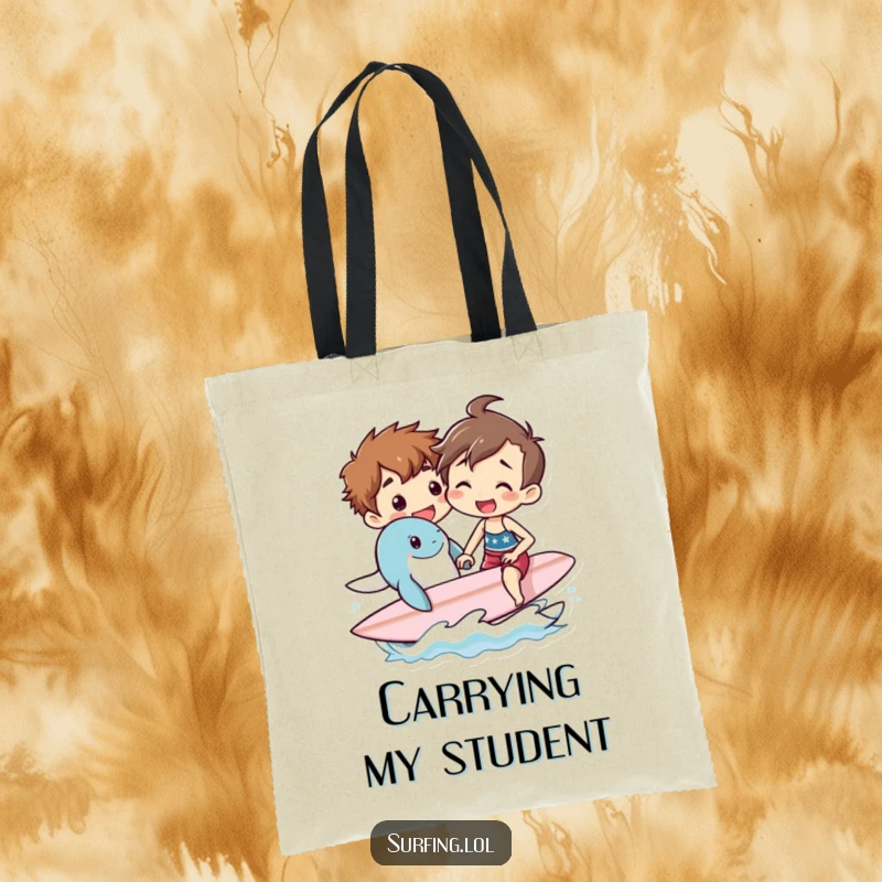 Funny tote bag with a person teaching a sea creature to surf, perfect for carrying beach gear with a dose of ocean humor.
