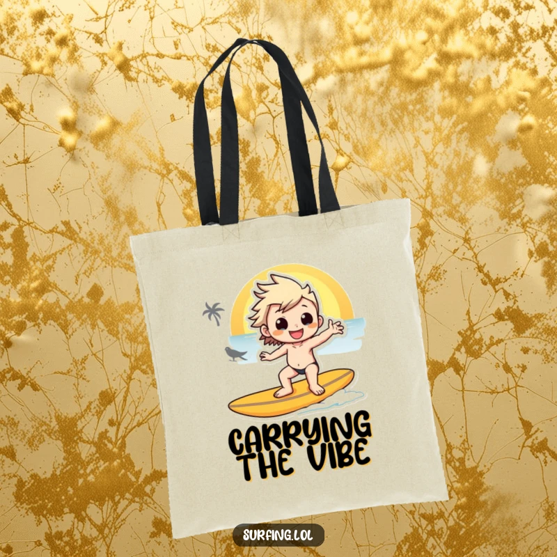 Funny tote bag illustrating a character's stylish pose on a surfboard during a beautiful sunset, perfect for beach trips or daily use.