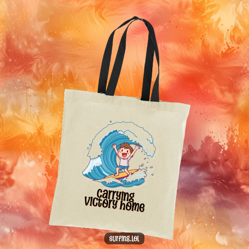 Funny tote bag featuring a character cheering wildly after a successful ride on a huge wave, ready for adventure.