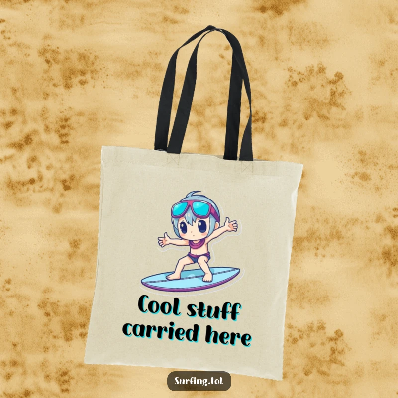 Funny Tote Bag: A character strikes a dramatic and cool pose on a surfboard, showcasing effortless style.