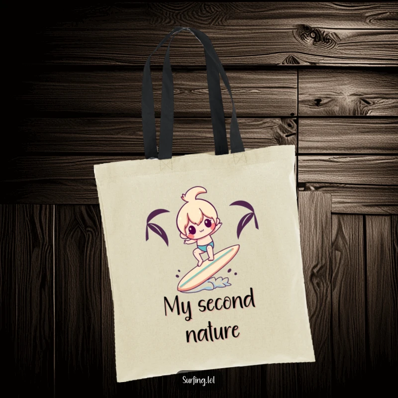 Funny tote bag illustrating a playful character's clumsy attempt to balance on a surfboard with an extra surfboard, great for beach trips.