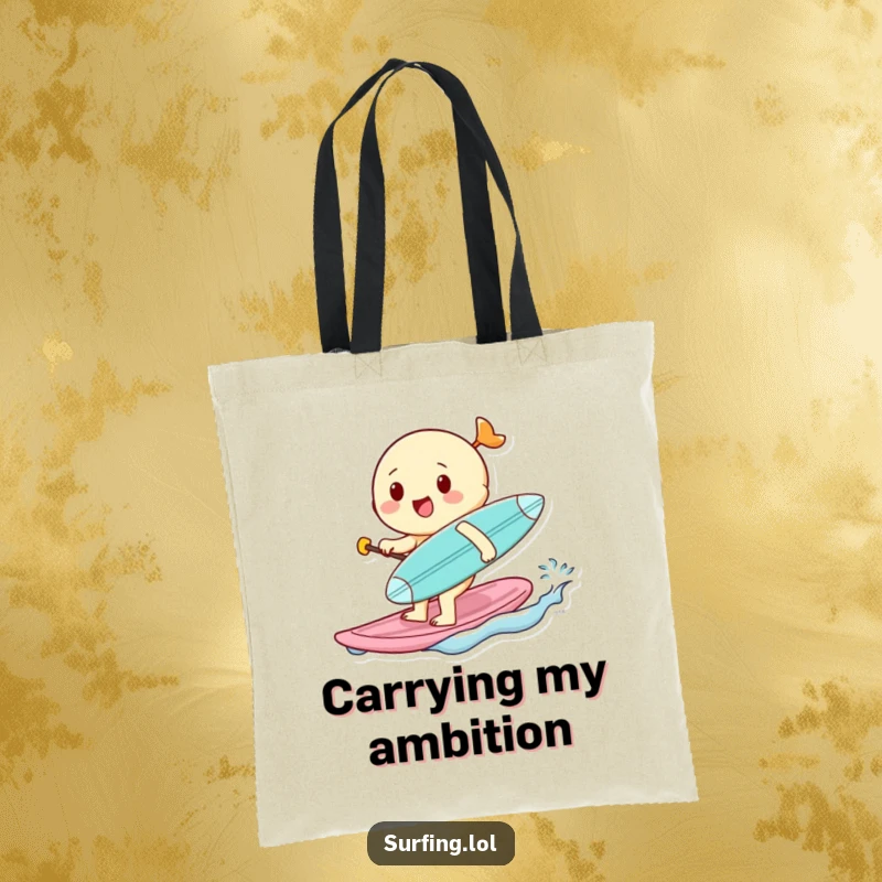 Funny tote bag illustrating a cheerful character's enthusiastic paddle, tiny surfboard under arm, ready for any adventure with a smile.