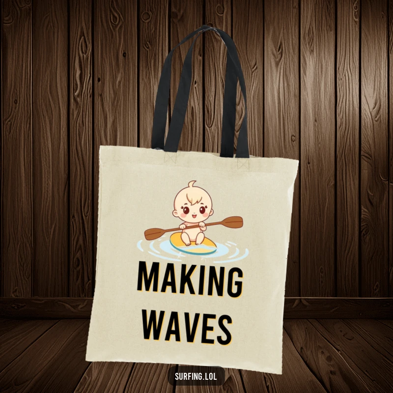 Funny tote bag featuring a cute character enthusiastically paddling through calm water with a determined look, ideal for daily use.