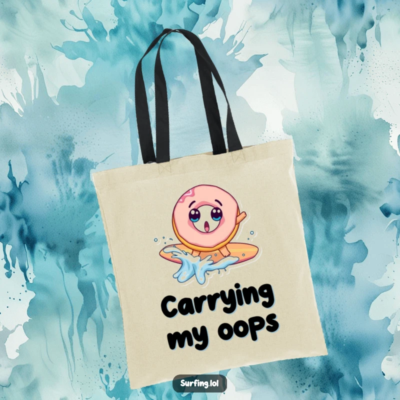 Funny tote bag showing a surprised donut character falling off a surfboard with a comical splash, perfect for carrying essentials with humor.