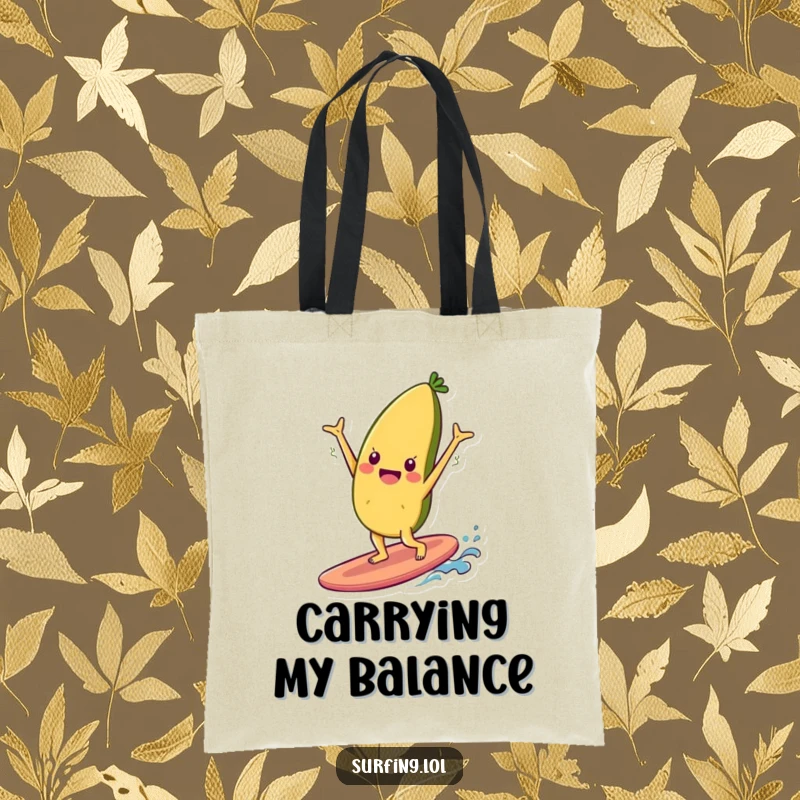 Funny tote bag showing a cheerful food item character doing a handstand on a surfboard, perfect for carrying essentials with humor.