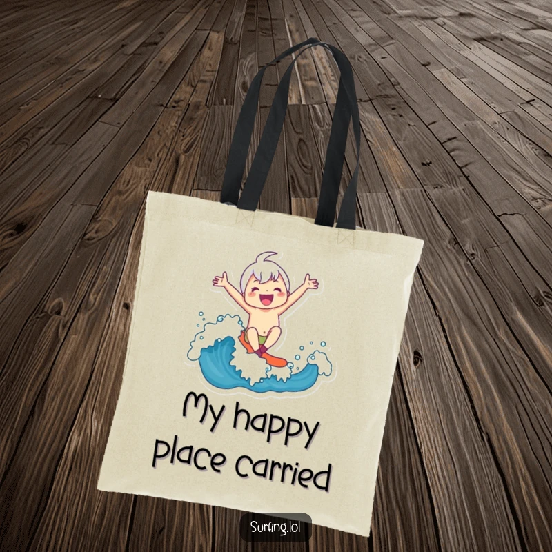 Funny Tote Bag: A cheerful character joyfully surfs a dynamic wave, arms stretched wide in a moment of pure celebration.