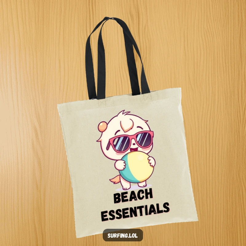 Funny tote bag featuring a kawaii character in sunglasses, gleefully holding a beach ball, perfect for beach day essentials.