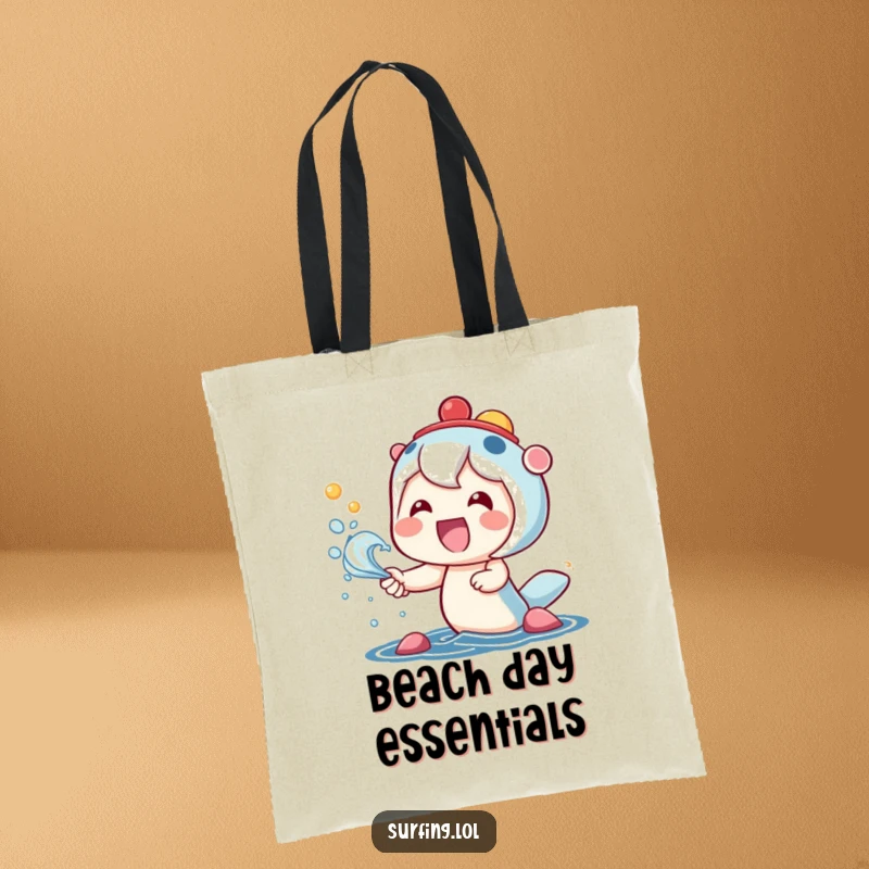 Funny tote bag with a kawaii character beaming with joy while catching vibrant, colorful sea spray with a wide smile.