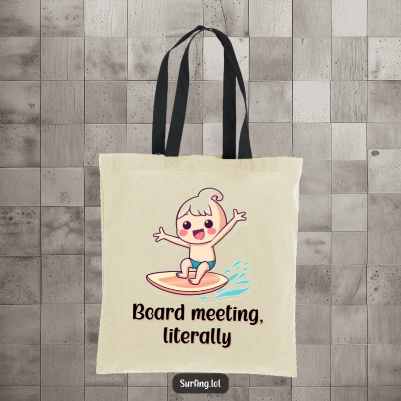 Funny kawaii character gleefully riding a surfboard with arms outstretched on a tote bag, perfect for beach trips, a funny gift.