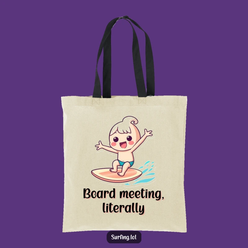 Funny Kawaii Surfer Tote Bag: Gleeful Character Surf Art, Beach Essential, Perfect Funny Gift
