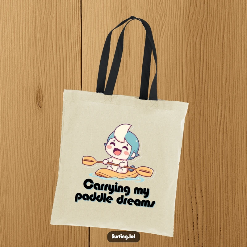 Funny tote bag showing an excited character paddling with a determined grin, ideal for carrying essentials with a humorous touch.