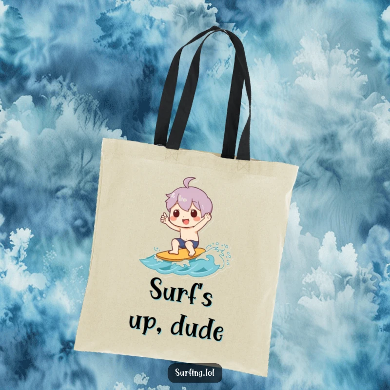Funny tote bag featuring a character joyfully giving a shaka sign while riding a small wave, ideal for beach trips.