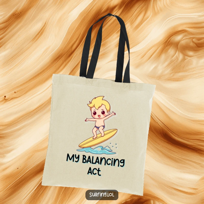 Funny tote bag with a surfer perfectly balancing on a surfboard, doing a little shimmy, for beach essentials.