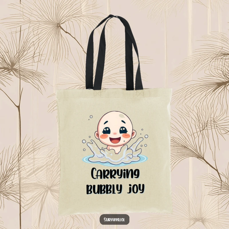 Funny tote bag showing a character happily splashing in ocean foam, radiating pure joy and a love for beachside fun.