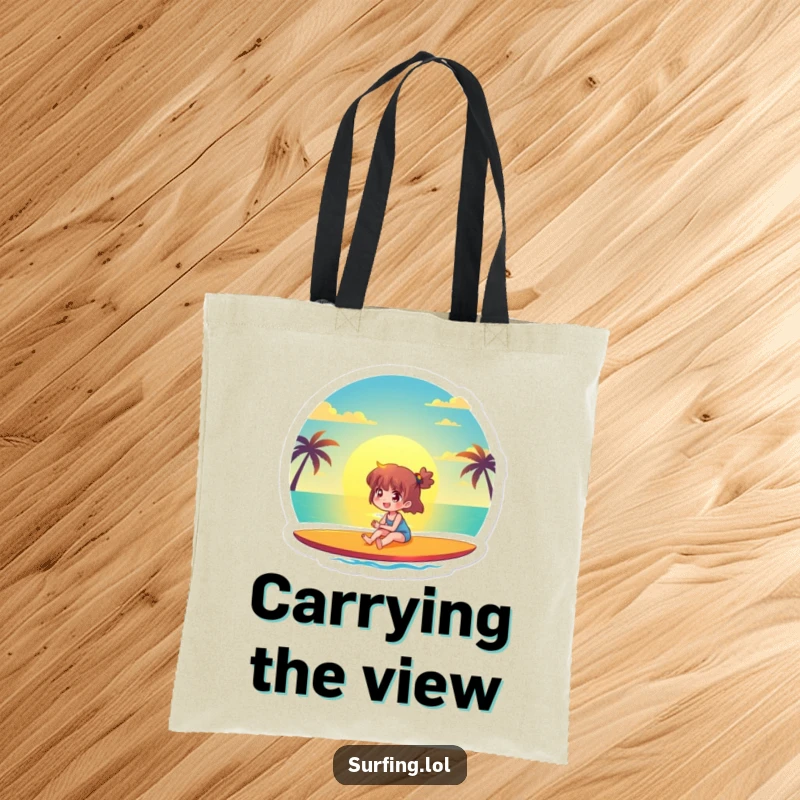 Funny tote bag featuring a joyful character watching a beautiful sunset from a surfboard, perfect for beach trips and carrying coastal charm.