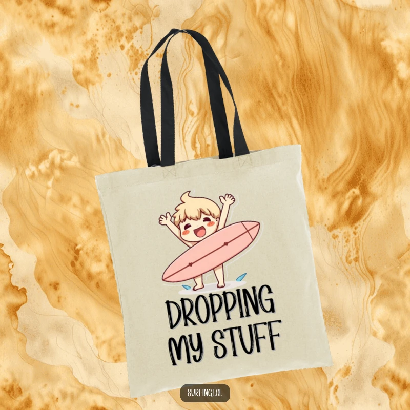 Funny tote bag showing a character happily flailing arms after a clumsy surfboard drop, symbolizing beach fun and mishaps.