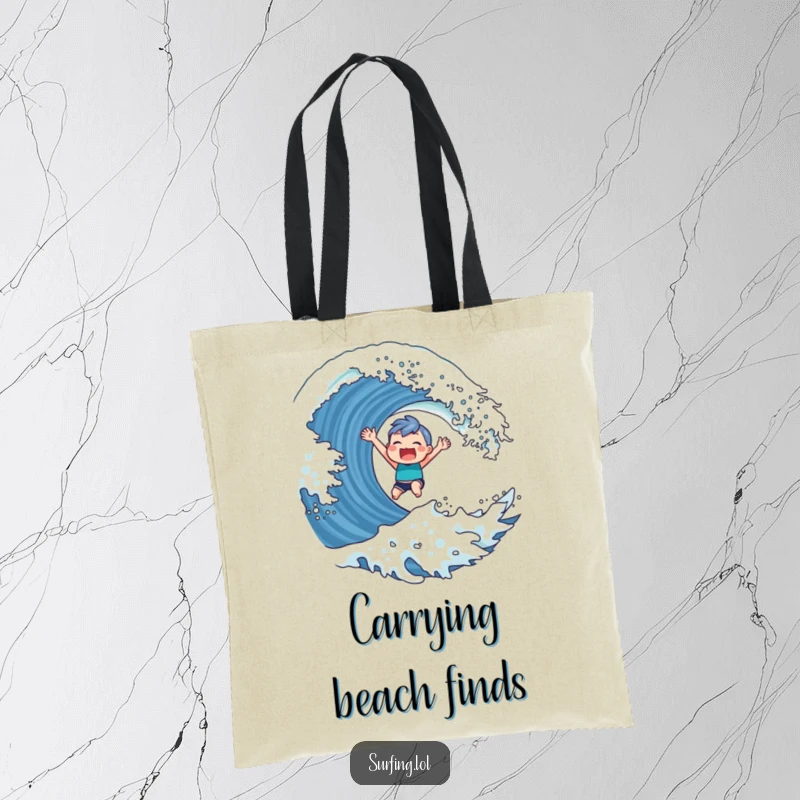 Funny Tote Bag with a cute character sporting a triumphant grin while riding a giant wave, perfect for beach trips.