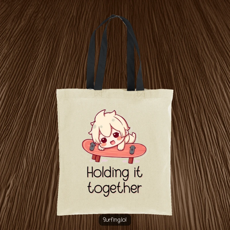 Funny tote bag showing a character comically losing balance on a surfboard, with a happy, startled face, perfect for beach outings.