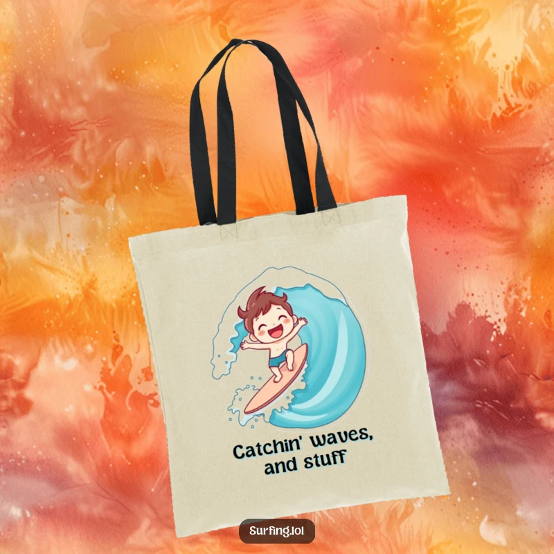 Funny Surfing Character Tote Bag: Cute character gleefully surfing a massive wave with a wide smile, great funny gift.