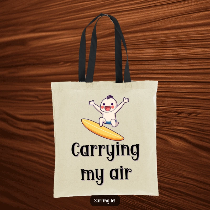Funny tote bag with a tiny character joyfully mid-leap off a surfboard, capturing a moment of pure aerial excitement.