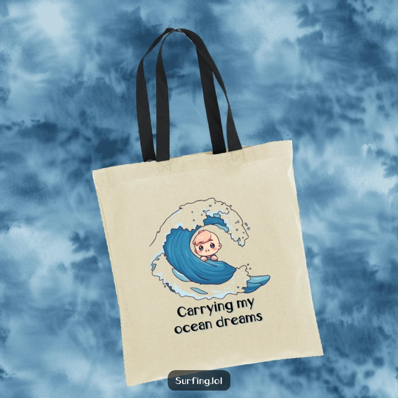 Funny tote bag illustrating a tiny character with curious excitement peeking from behind a massive ocean wave, ready for adventure.