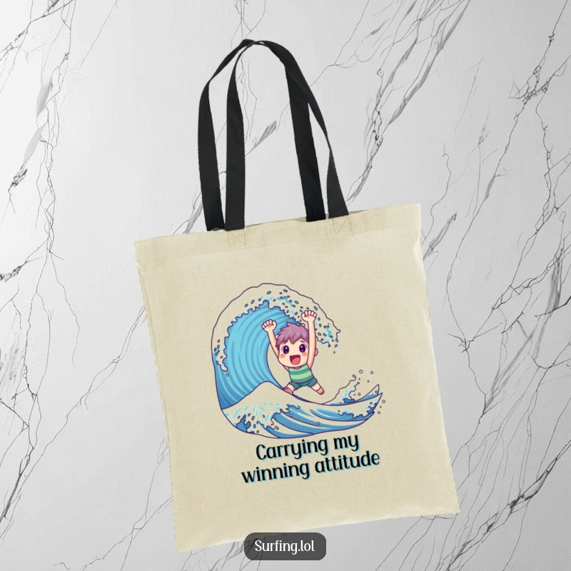 Funny Tote Bag: A triumphant character skillfully rides a massive wave, celebrating a successful surf.