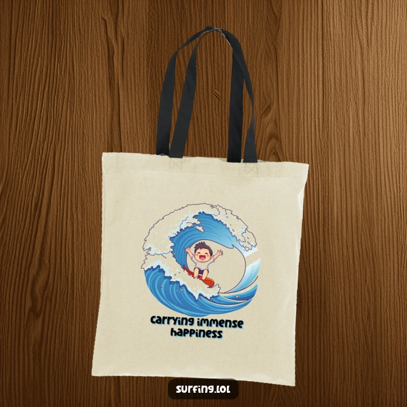 Funny Wave Rider Tote Bag: A gleeful character rides a massive wave with arms outstretched, ready for any journey.