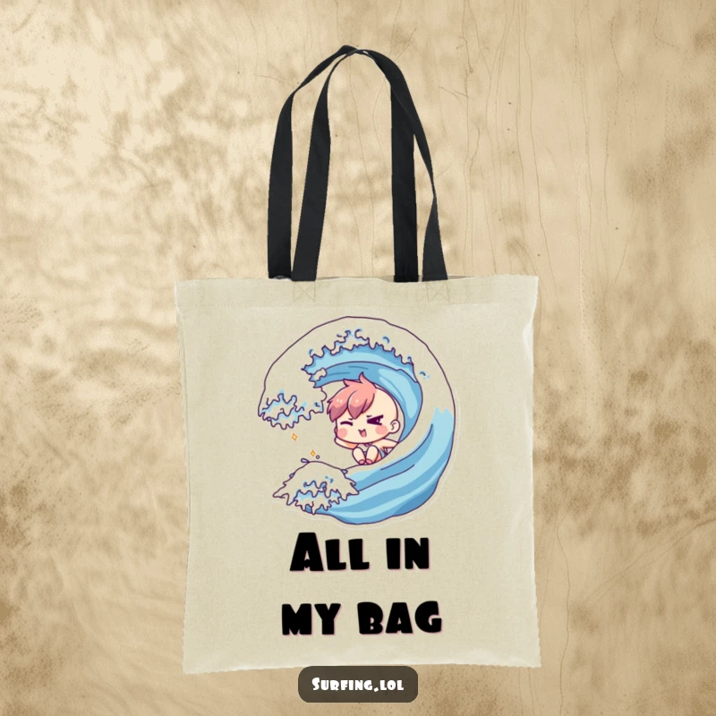 Funny tote bag featuring a character winking slyly while smoothly riding down a dynamic ocean wave, full of attitude.