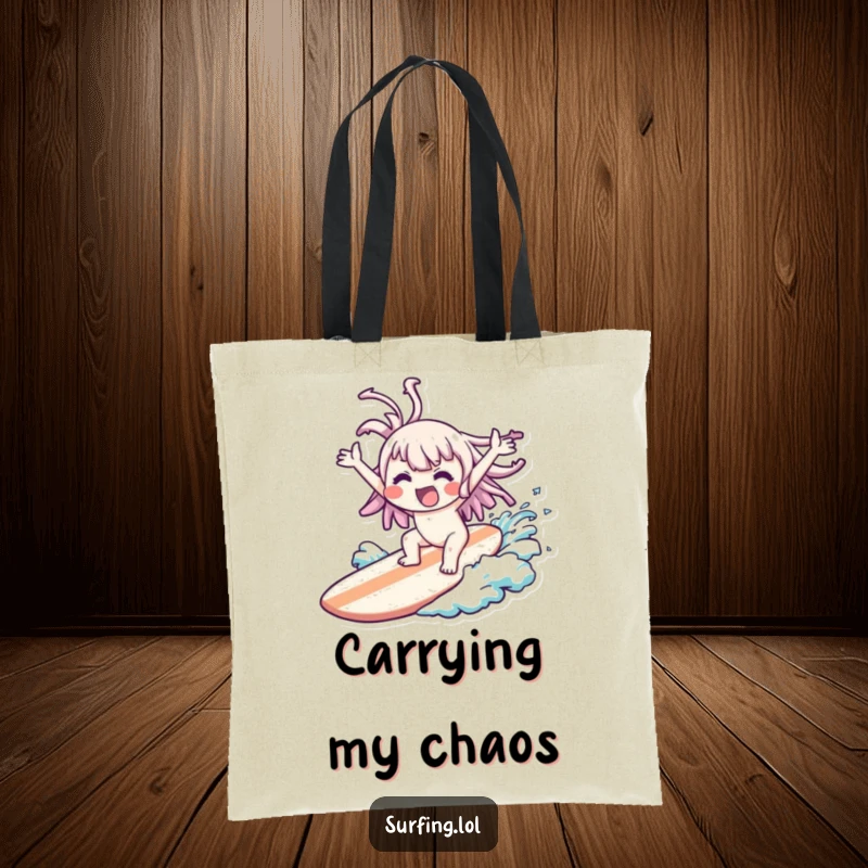 Funny Wipeout Kawaii Tote Bag: Cute character comically wiped out on a surfboard, arms flailing joyfully, great funny gift.