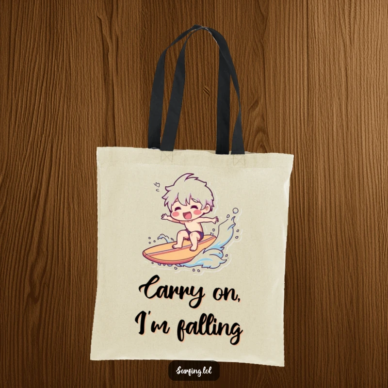 Funny Tote Bag: A character sports a wide smile during a spectacular surfboard wipeout, perfect for carrying essentials.
