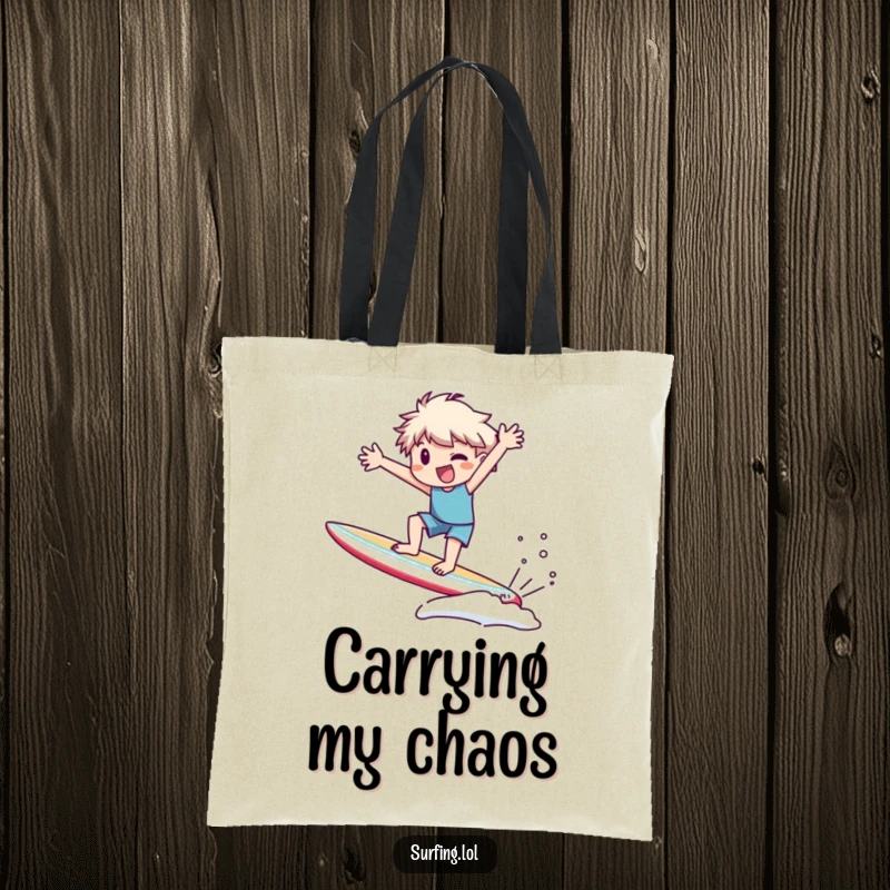 Funny Tote Bag: Character precariously wobbling on a surfboard, arms flailing wildly, symbolizing the hilarious journey of surfing.