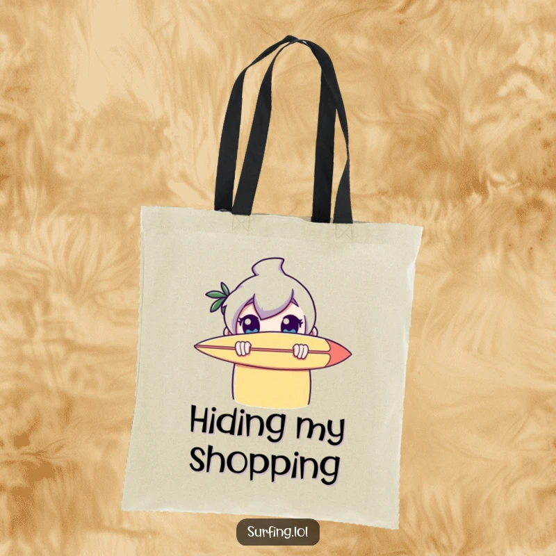 Funny tote bag showing a character hiding behind a surfboard, peeking out with large, expressive eyes, radiating shy charm.