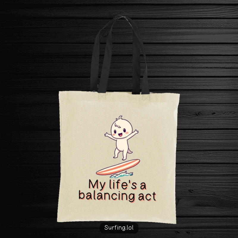 Funny Surfer Character Tote Bag: A cute character balances on a surfboard with arms wide, ready for the beach.