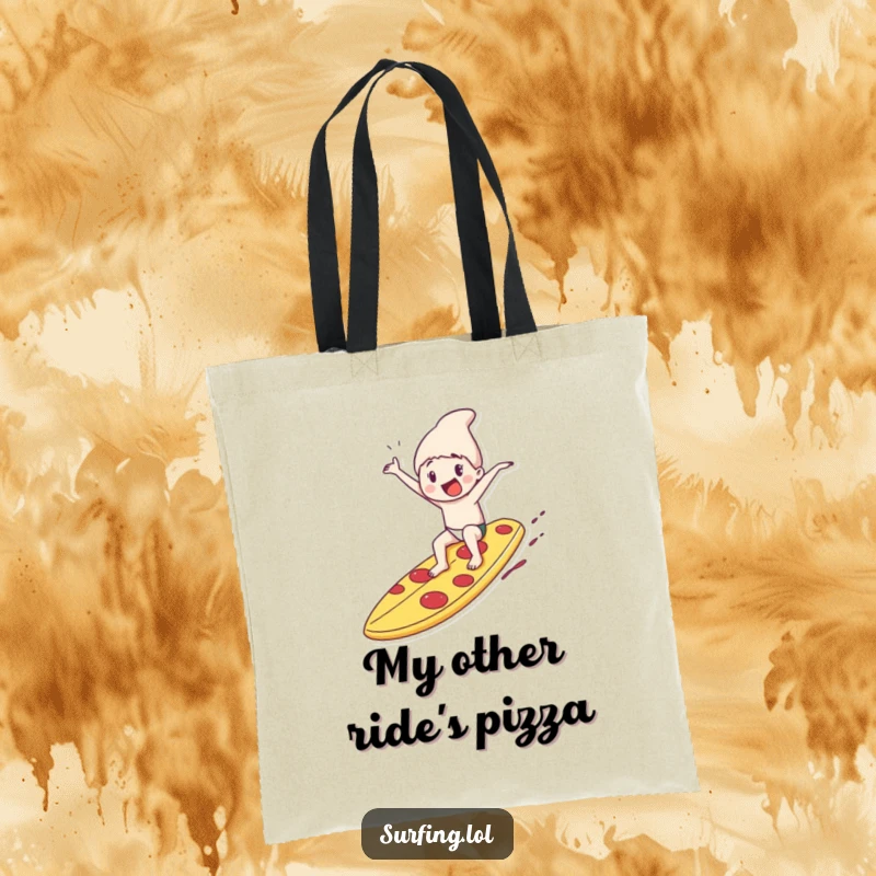 Funny tote bag showcasing a character skillfully riding a giant pizza slice surfboard, radiating pure, unadulterated, and delicious fun.
