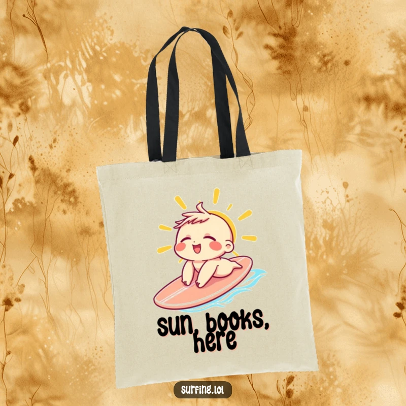 Funny Sunbathing Character Tote Bag: Small character sunbathing on a surfboard with eyes closed and a relaxed grin, great funny gift.