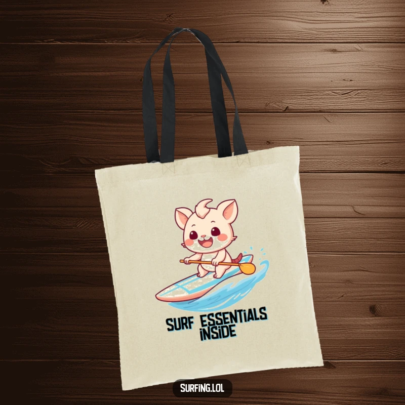 Funny tote bag with a sweet creature's enormous grin while paddling a surfboard, perfect for beach trips and errands.