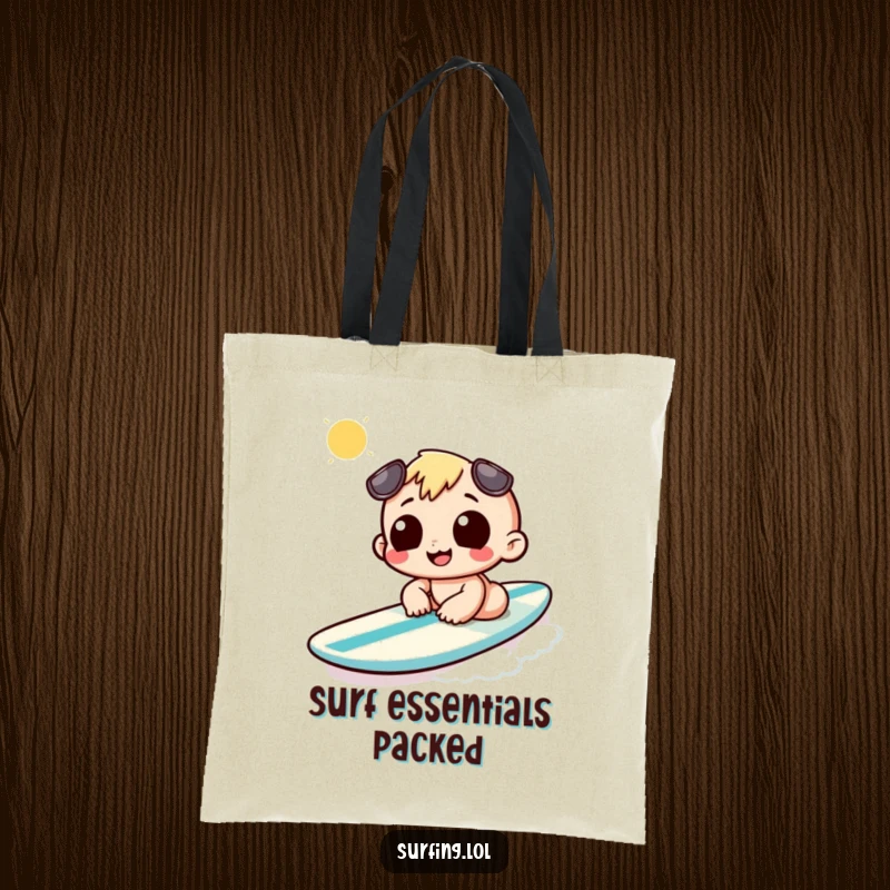 Funny tote bag with a character sunbathing on a surfboard, perfect for carrying beach gear and summer essentials.